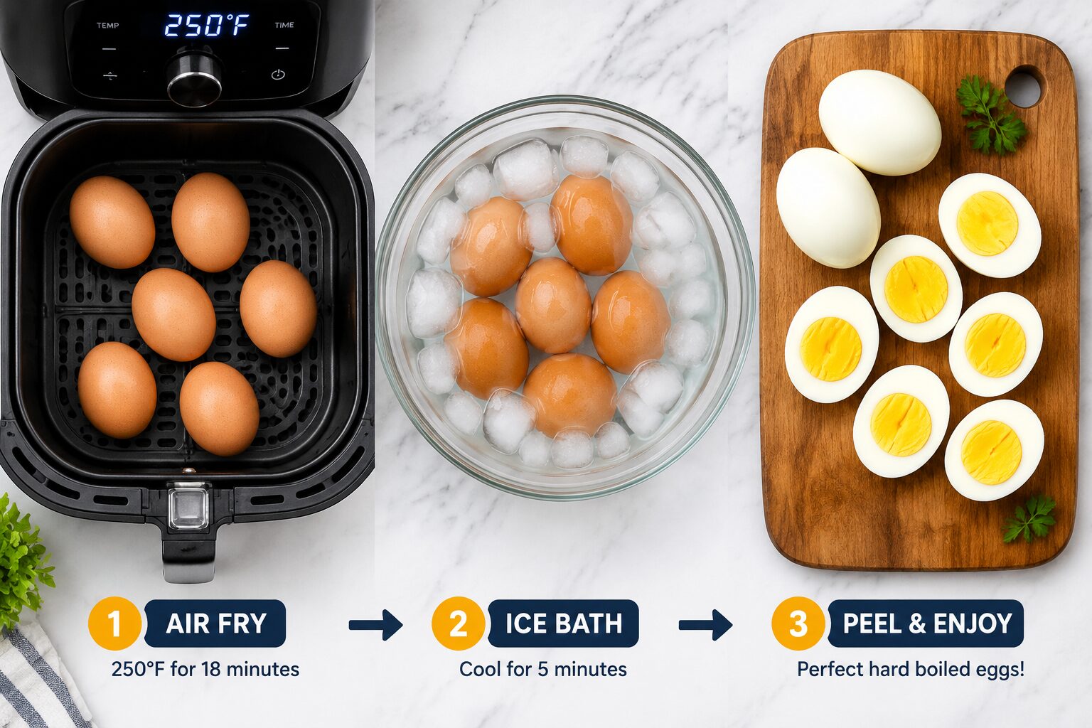 12 Perfect Air Fryer Hard Boiled Eggs for Weekly Meal Prep 3 Step-by-step flat lay of the air fryer hard boiled egg cooking process: left side shows raw eggs in air fryer basket at