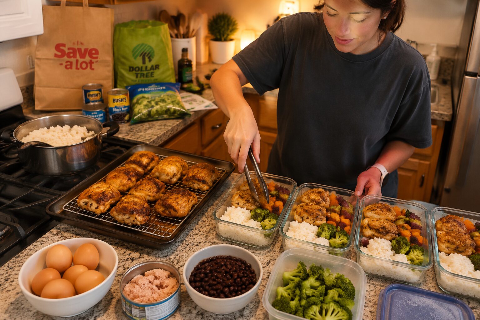 Step-by-step meal prep process photo () showing a beginner cook in a home kitchen assembling protein bowls: one pan of baked