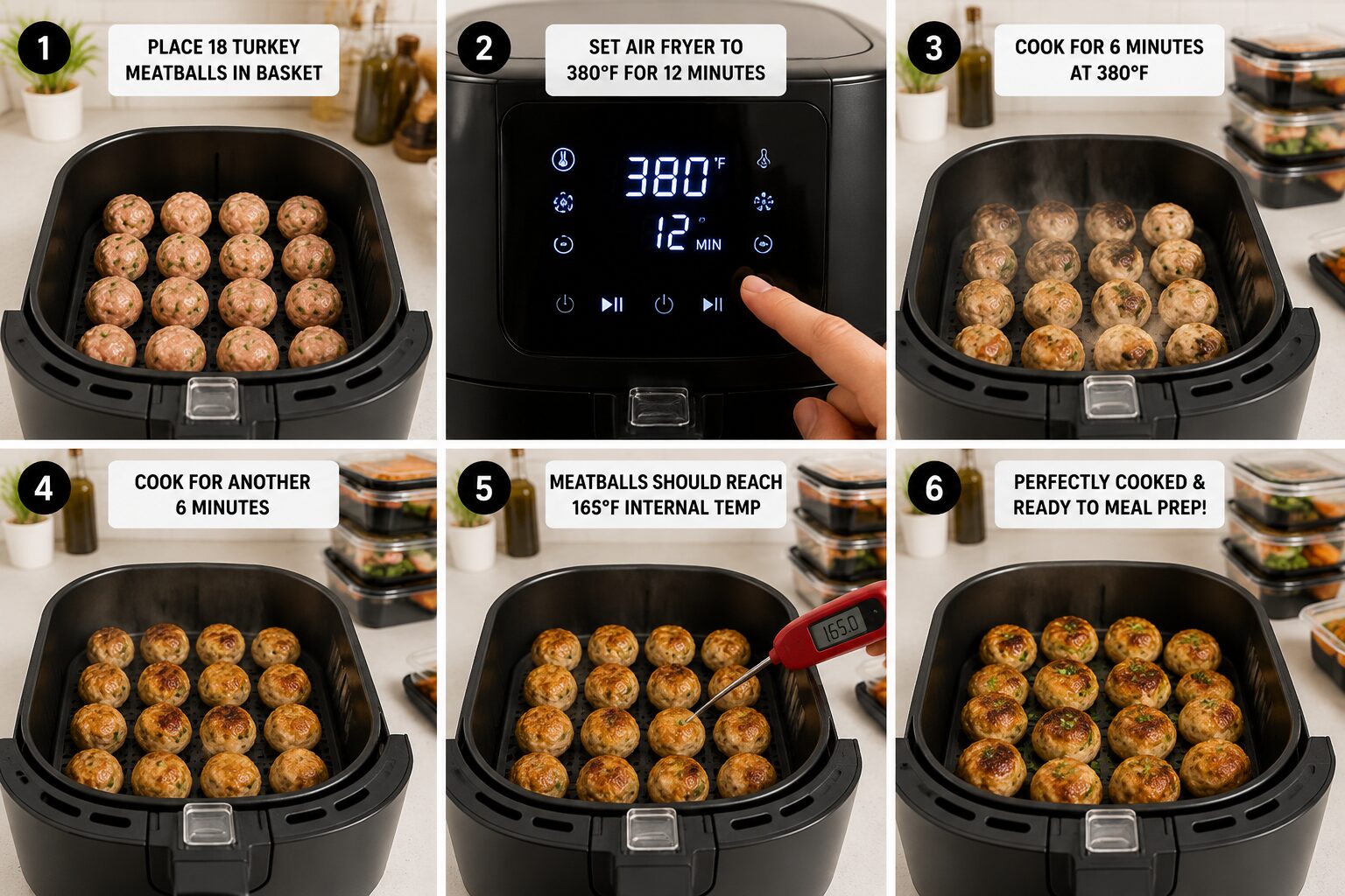 Step-by-step process image showing air fryer basket with 18 perfectly spaced turkey meatballs cooking at 380°F, digital air
