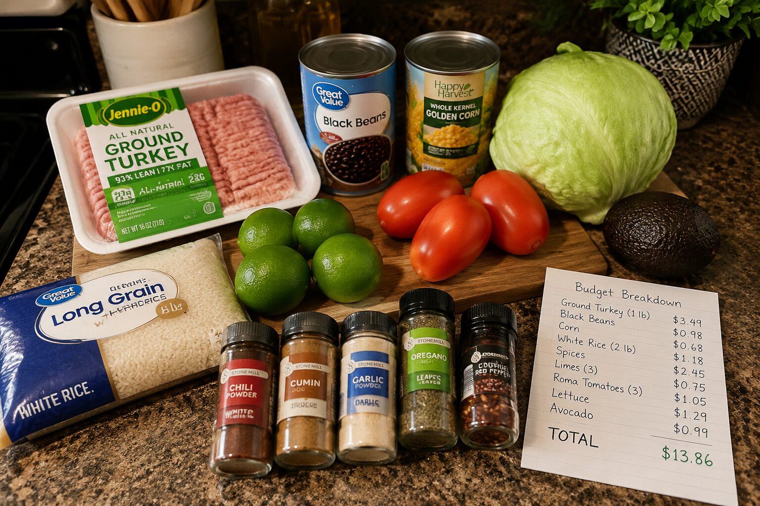 7 Ground Turkey Burrito Bowl Meal Prep Ideas on a Budget 3 Wide-angle landscape () showing a budget-friendly grocery haul laid out on a kitchen counter: one pound package of ground