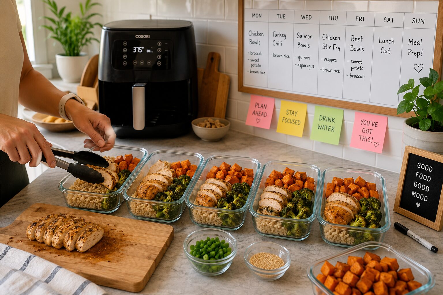 7 Air Fryer Frozen Chicken Breast Meals (No Thawing, 18 Minutes) 4 Wide-angle () of a weekly meal prep station showing five glass meal prep containers being filled with sliced air fryer