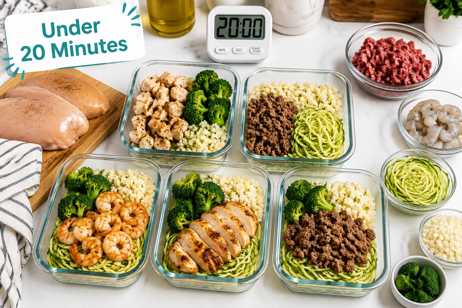 Wide-angle overhead shot of a clean kitchen countertop showing 5 high-protein low-carb meal prep bowls in glass containers