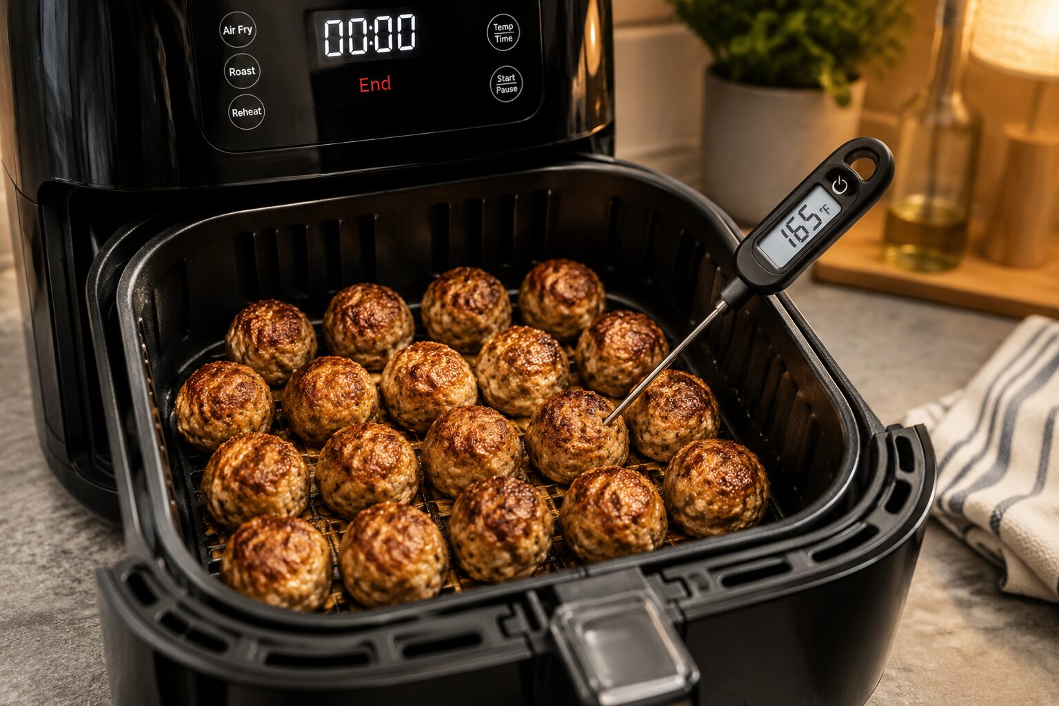 Wide-angle shot of an open air fryer basket holding 20 perfectly browned turkey meatballs arranged in a single layer, with a