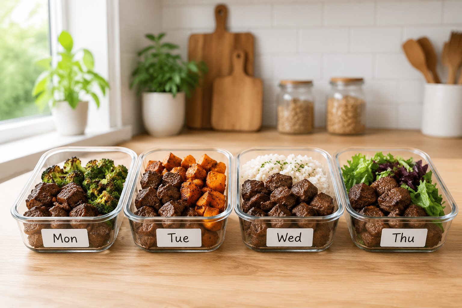 5 Easy Air Fryer Steak Bites for High-Protein Meal Prep (Ready in 8 Minutes) 4 Wide editorial lifestyle shot () of four glass meal prep containers lined up on a light wood kitchen counter, each filled