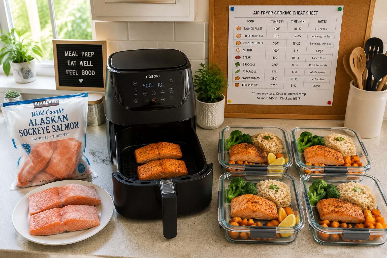 Wide kitchen counter scene () showing a weekly meal prep assembly line from left to right: frozen salmon fillets from a bag