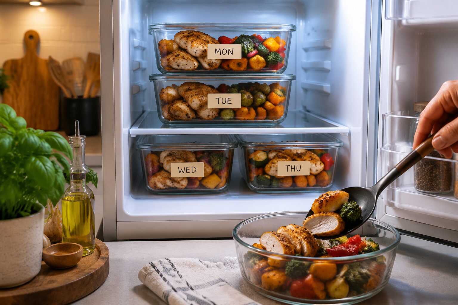 Wide landscape meal prep storage scene showing four labeled glass containers stacked and arranged in an open refrigerator