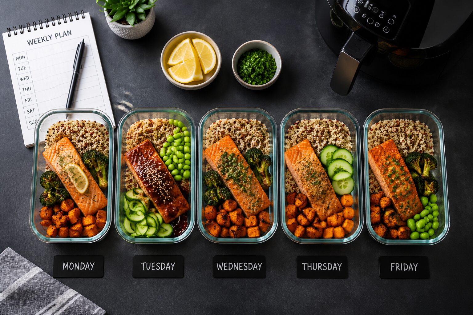 Wide () showing a weekly meal prep flat-lay from above: five labeled glass containers in a row on a dark slate surface, each