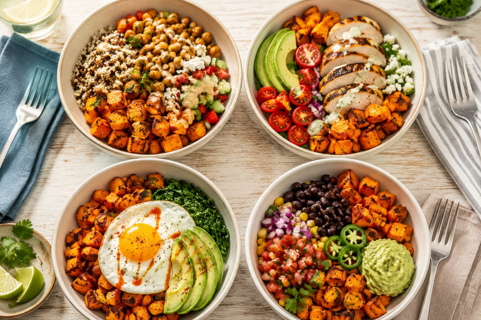7 Air Fryer Sweet Potato Cubes Meal Prep Ideas Ready in 15 Minutes 4 Wide () showing four different finished meal prep bowls built with air fryer sweet potato cubes as the base: a grain bowl