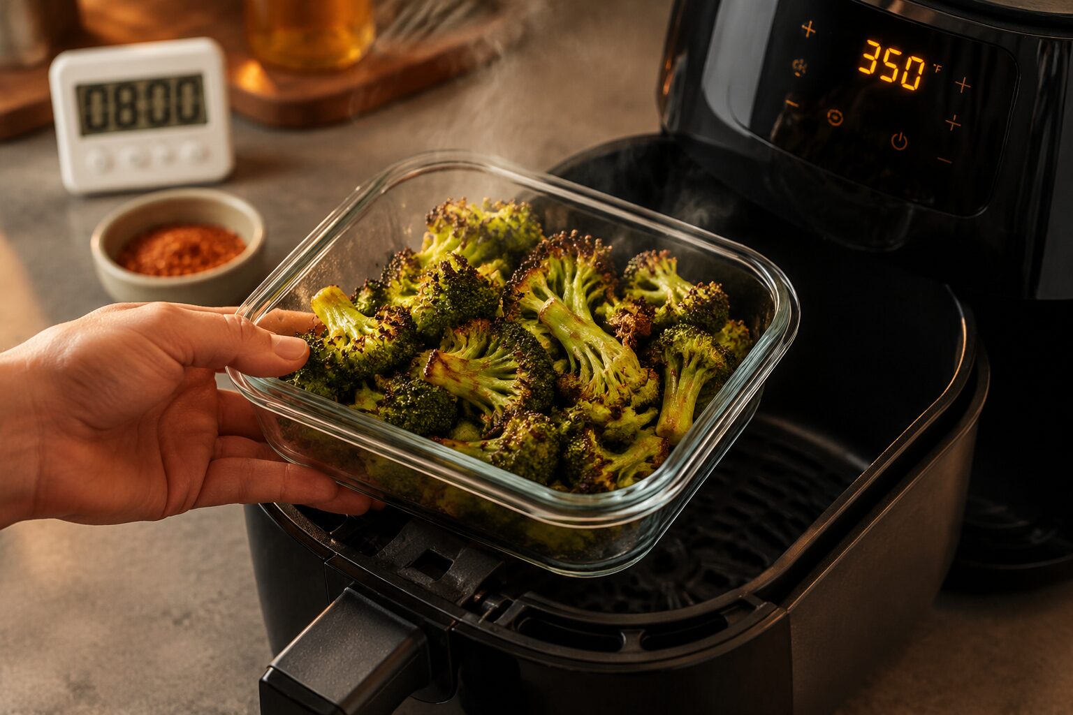 9 Air Fryer Broccoli Meal Prep Ideas That Reheat Well 3 () close-up action shot from a 45-degree angle showing a hand placing a glass container of crispy golden-brown air fryer
