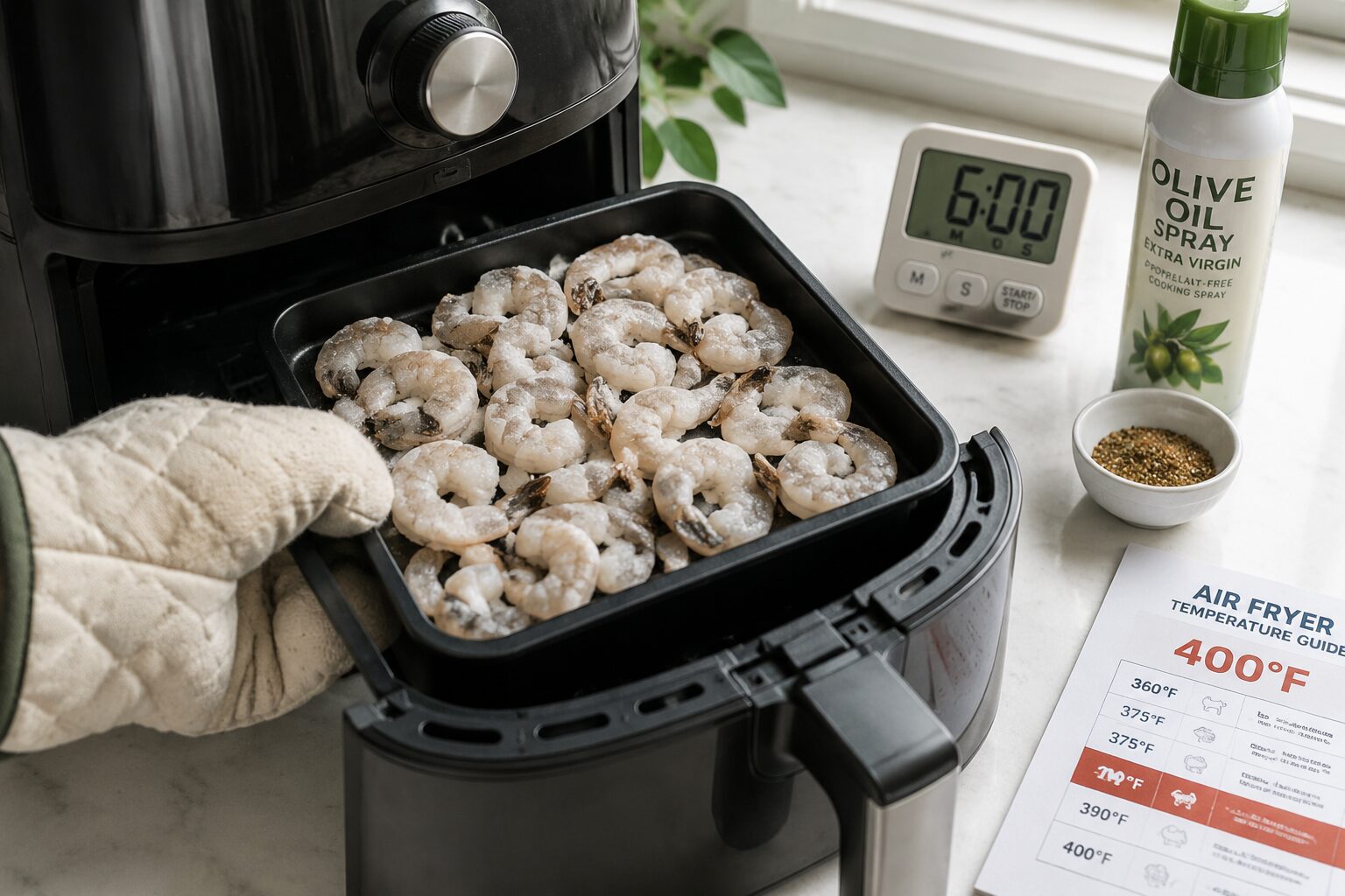 () close-up action shot from a 45-degree angle showing an open air fryer basket with frozen shrimp being placed inside by a