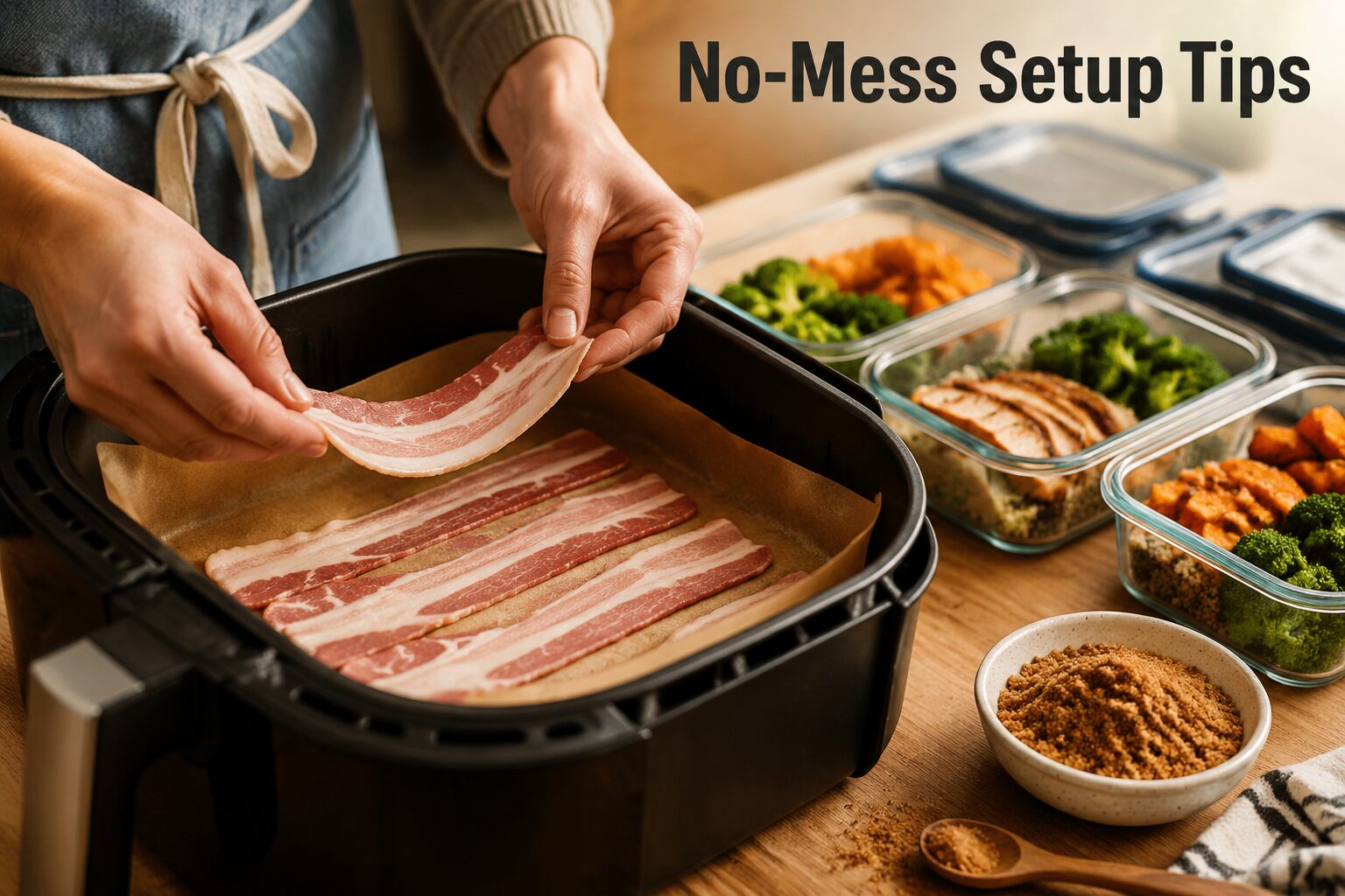 () close-up action shot from a 45-degree angle showing hands lining an air fryer basket with parchment paper, raw bacon