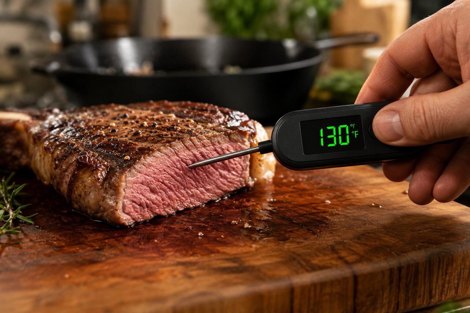 () close-up action shot of a home cook inserting a digital instant-read thermometer probe into the thickest part of a