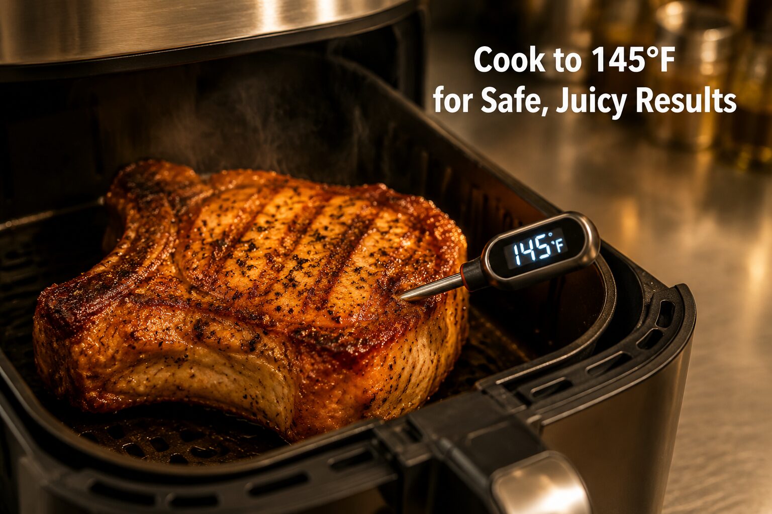 7 Air Fryer Pork Chops Meal Prep Ideas That Stay Juicy 3 () close-up angled shot of a thick bone-in pork chop mid-cook inside an air fryer basket, showing golden-brown crust forming