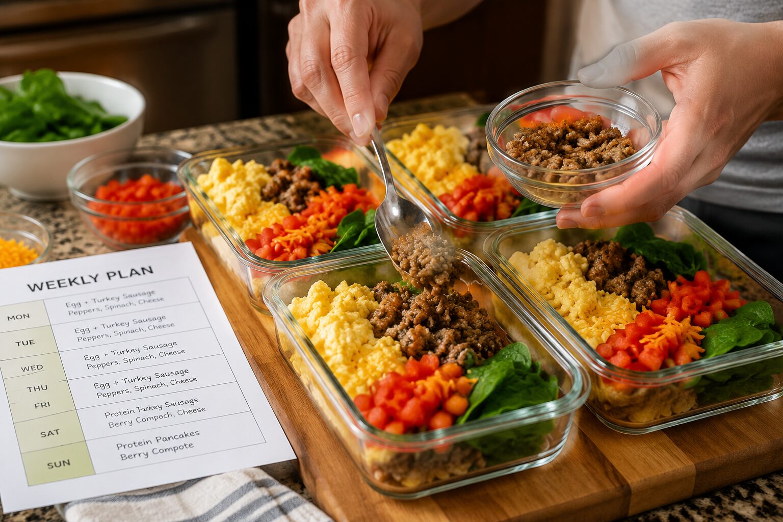 () close-up angled shot of hands portioning high-protein breakfast ingredients into glass meal prep containers on a wooden