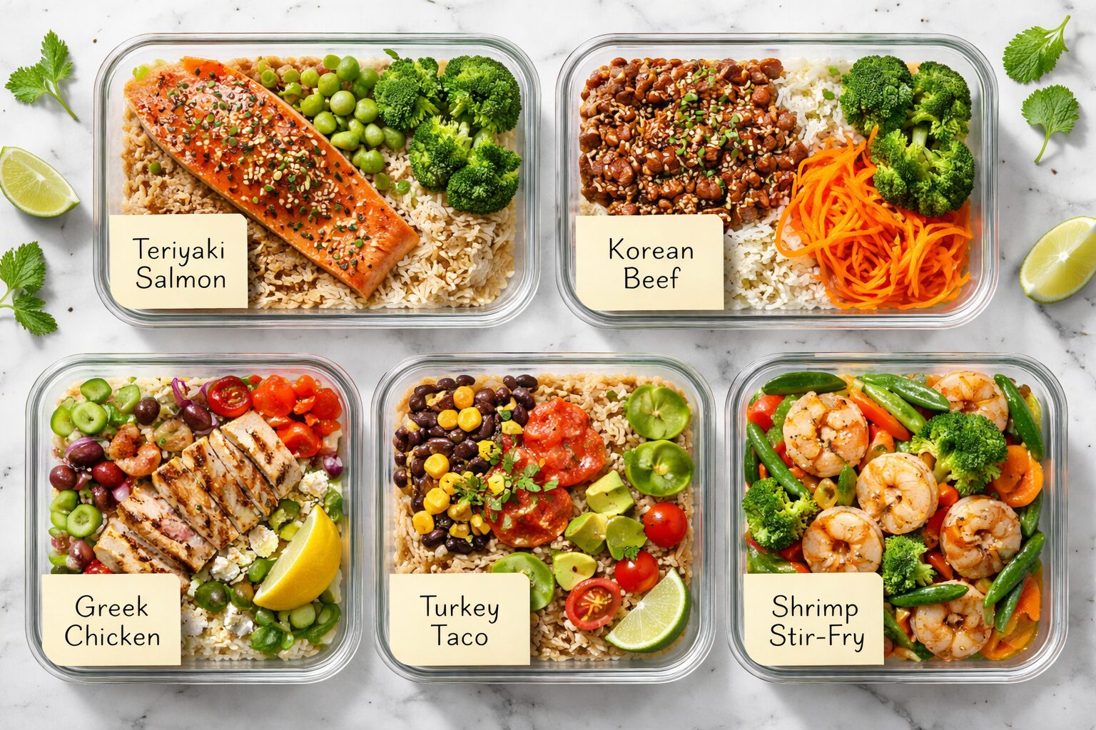 () close-up editorial photo of five neatly arranged open glass meal prep containers on a white marble surface, each filled