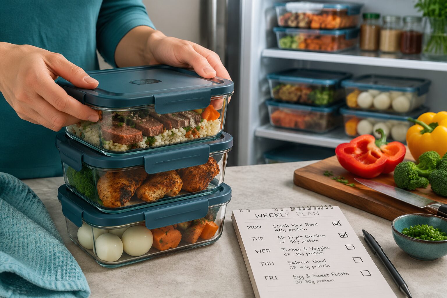 () close-up editorial shot from a 45-degree angle showing hands placing lids on stacked meal prep containers filled with