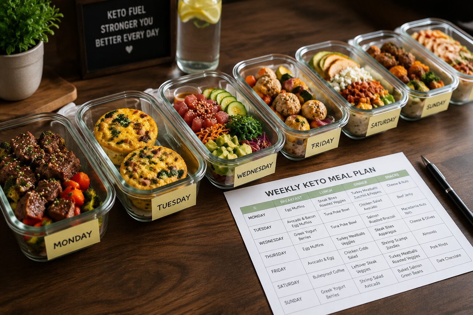 () close-up editorial shot of a weekly meal prep spread laid out on a dark wood table: seven labeled meal prep containers in