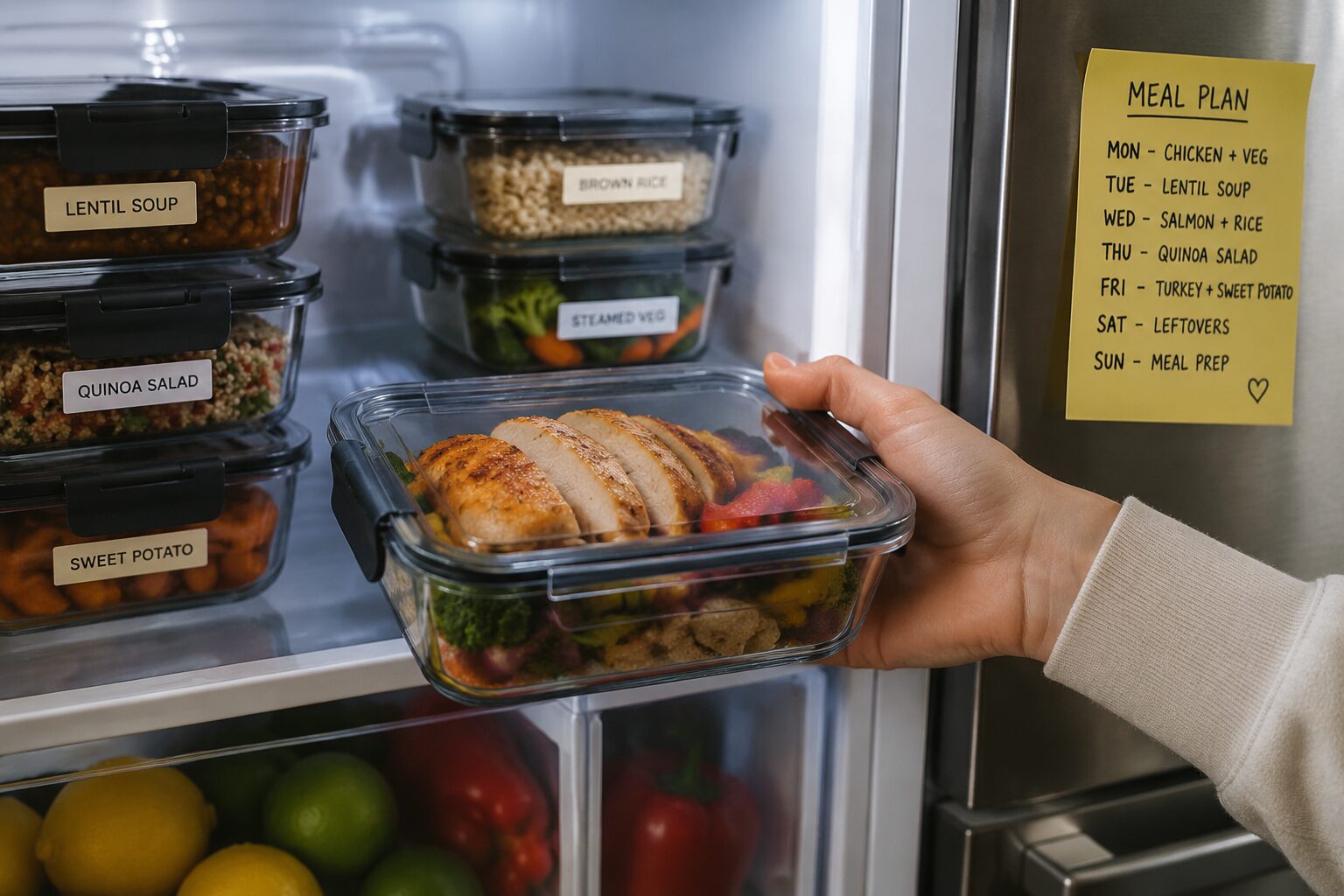 () close-up side-angle shot of a hand placing a sealed glass meal prep container with sliced air fryer chicken breast and