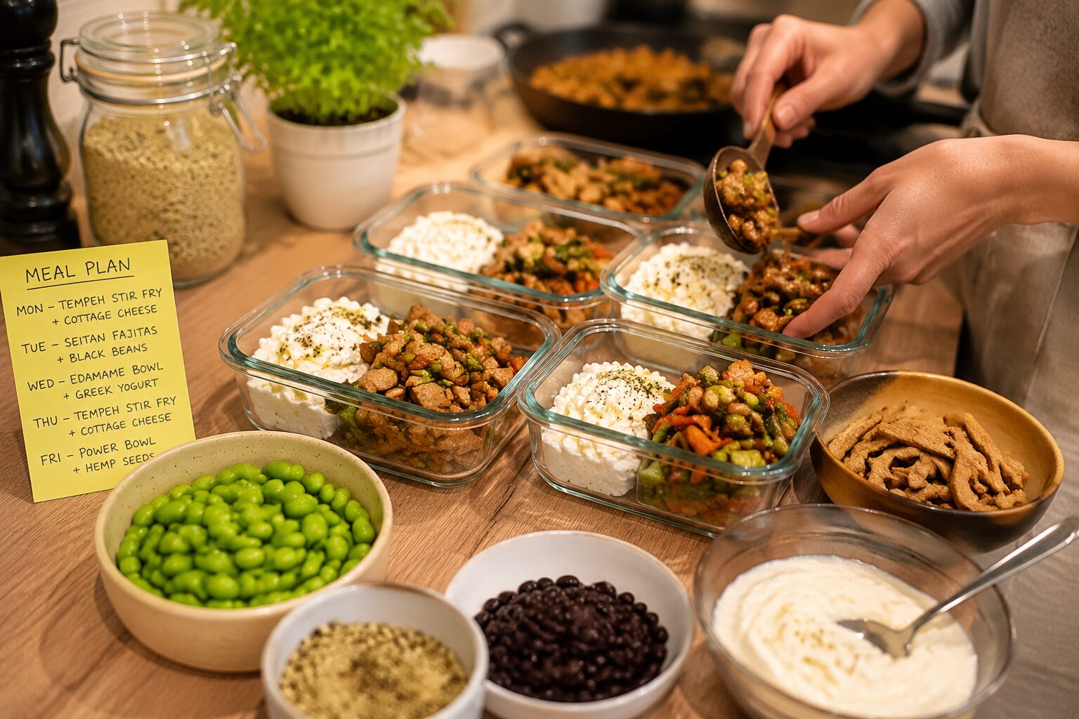 () close-up side-angle shot of a meal prep station in action: hands portioning tempeh stir-fry and cottage cheese bowls into