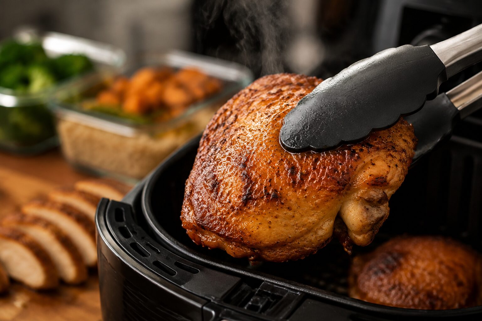 () close-up side-angle shot of a single bone-in skin-on chicken thigh being lifted from an open air fryer basket with tongs,