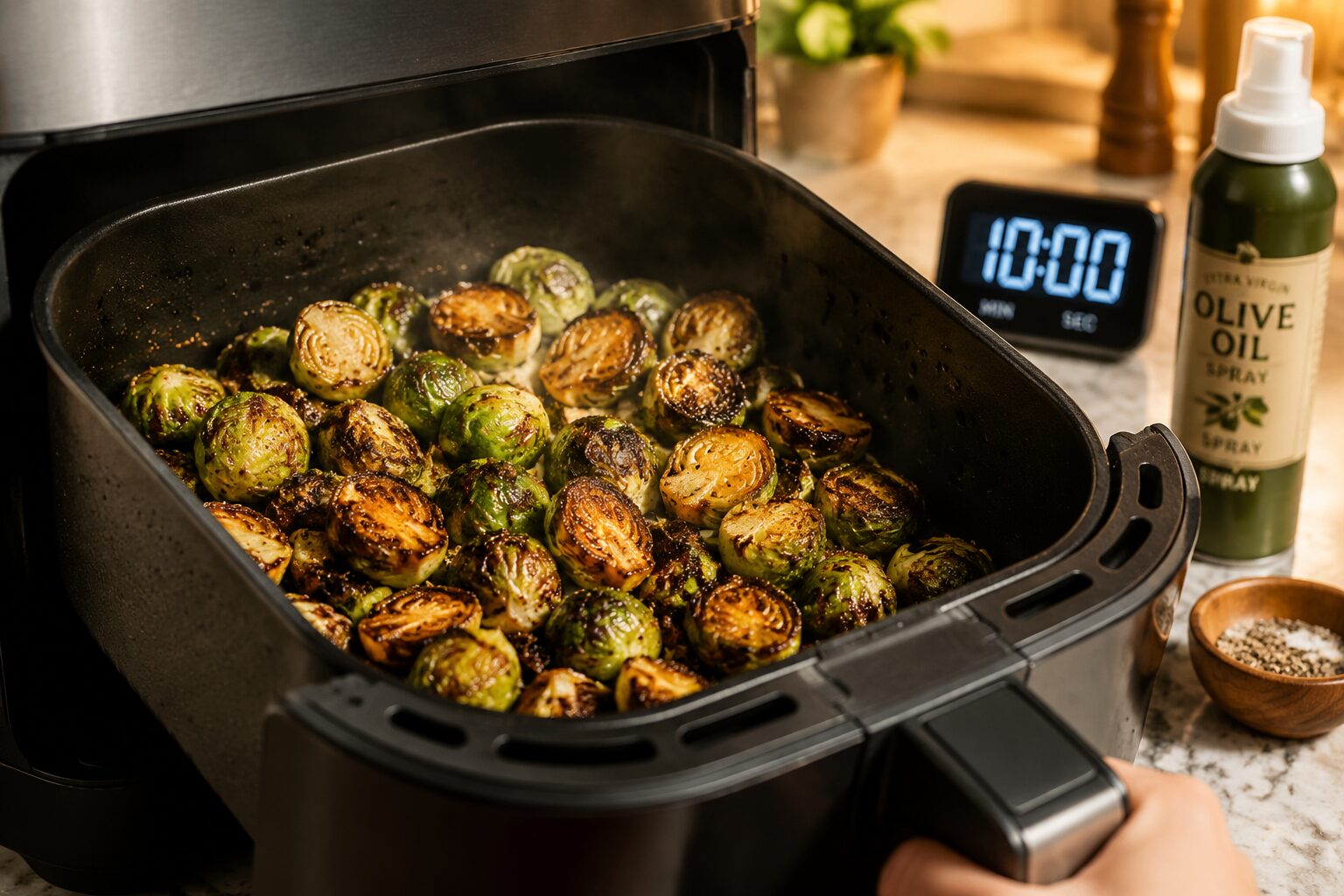 7 Air Fryer Brussels Sprouts Meal Prep Ideas (10 Minutes, Stay Crispy) 3 () close-up side-angle shot of a single open air fryer basket mid-cook showing Brussels sprouts halved cut-side down,
