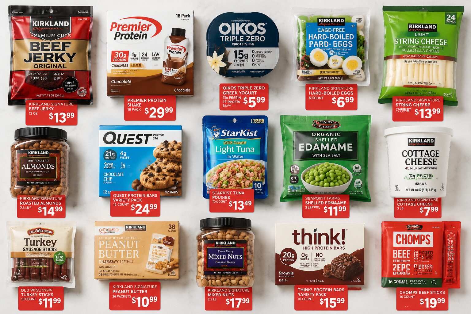 () editorial flat-lay image showing 15 different high-protein Costco snack products arranged on a clean white surface from