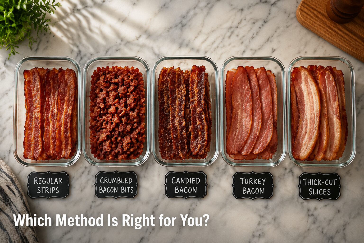 () editorial food photo showing five distinct bacon preparation styles side by side in labeled glass meal prep containers on