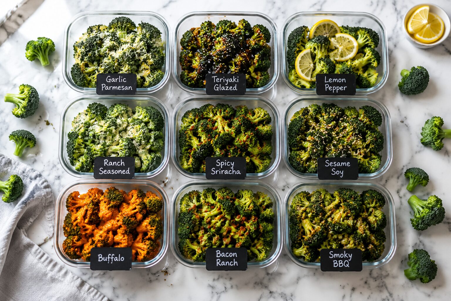9 Air Fryer Broccoli Meal Prep Ideas That Reheat Well 2 () editorial food photo showing nine labeled glass meal prep containers arranged in a 3x3 grid on a white marble countertop,