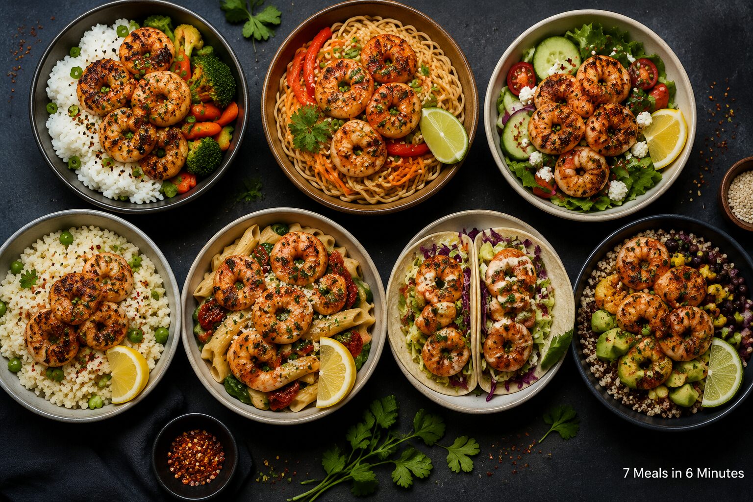 () editorial food photo showing seven distinct meal prep bowls arranged in a flat-lay overhead shot on a dark slate surface.