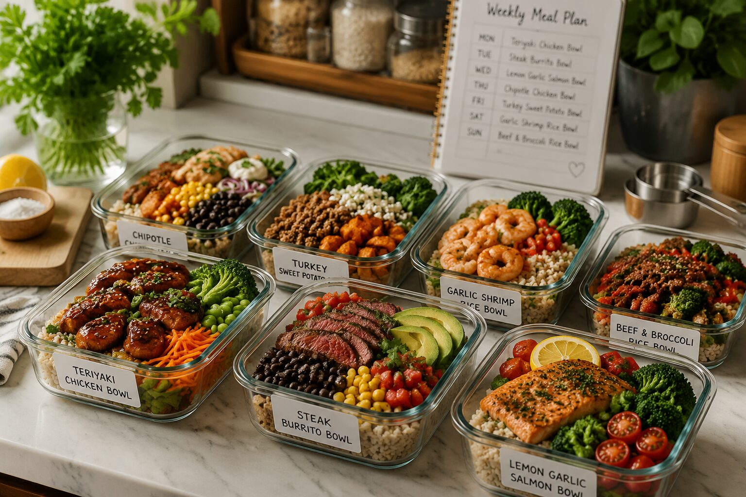 7 High-Protein Lunch and Dinner Meal Prep Plans for the Week 2 () editorial food photography showing a Sunday meal prep scene from a 45-degree angle: a clean white kitchen counter with