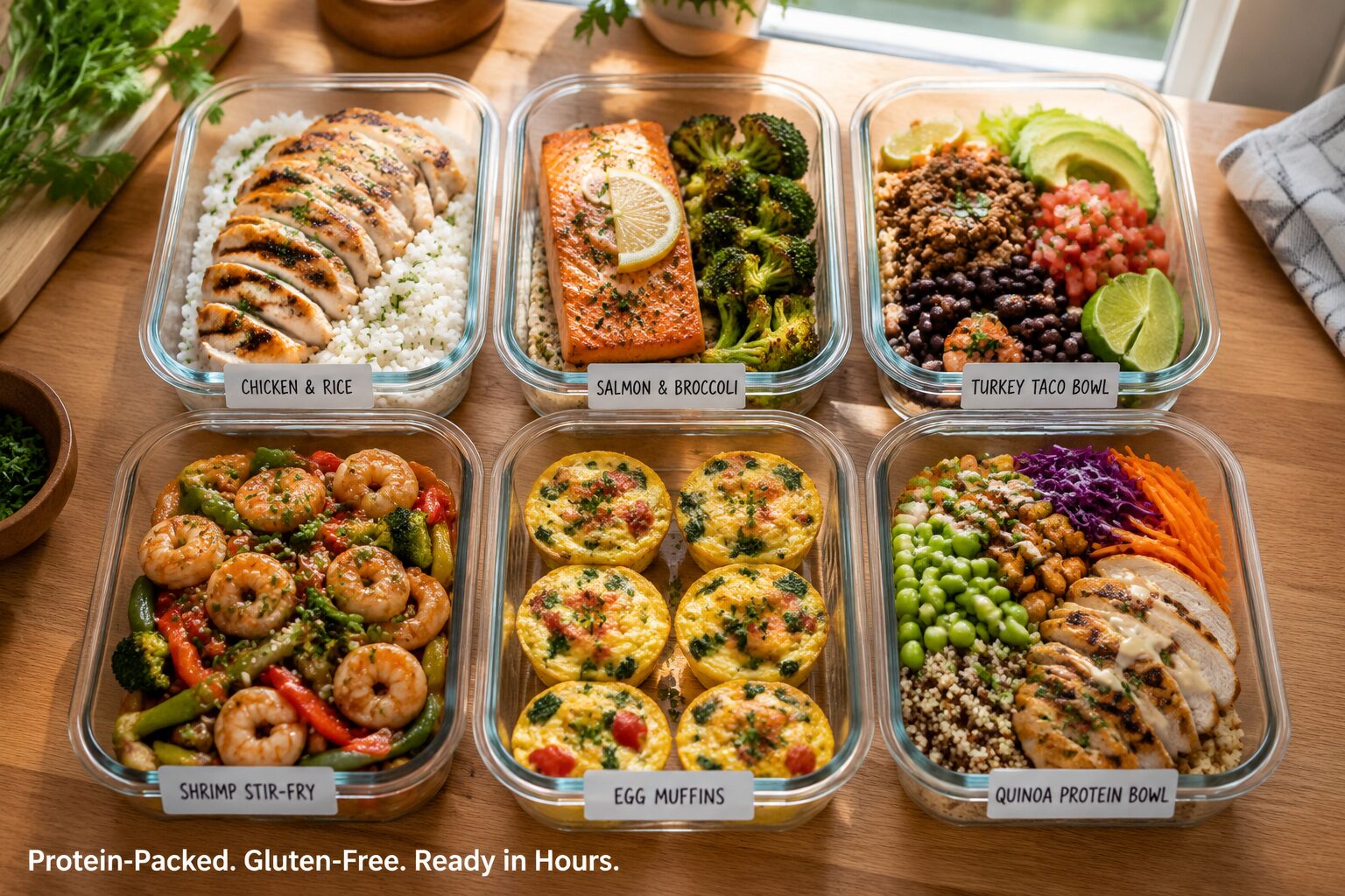 () editorial food photography showing a bird's-eye view of six open glass meal prep containers on a wooden kitchen counter,