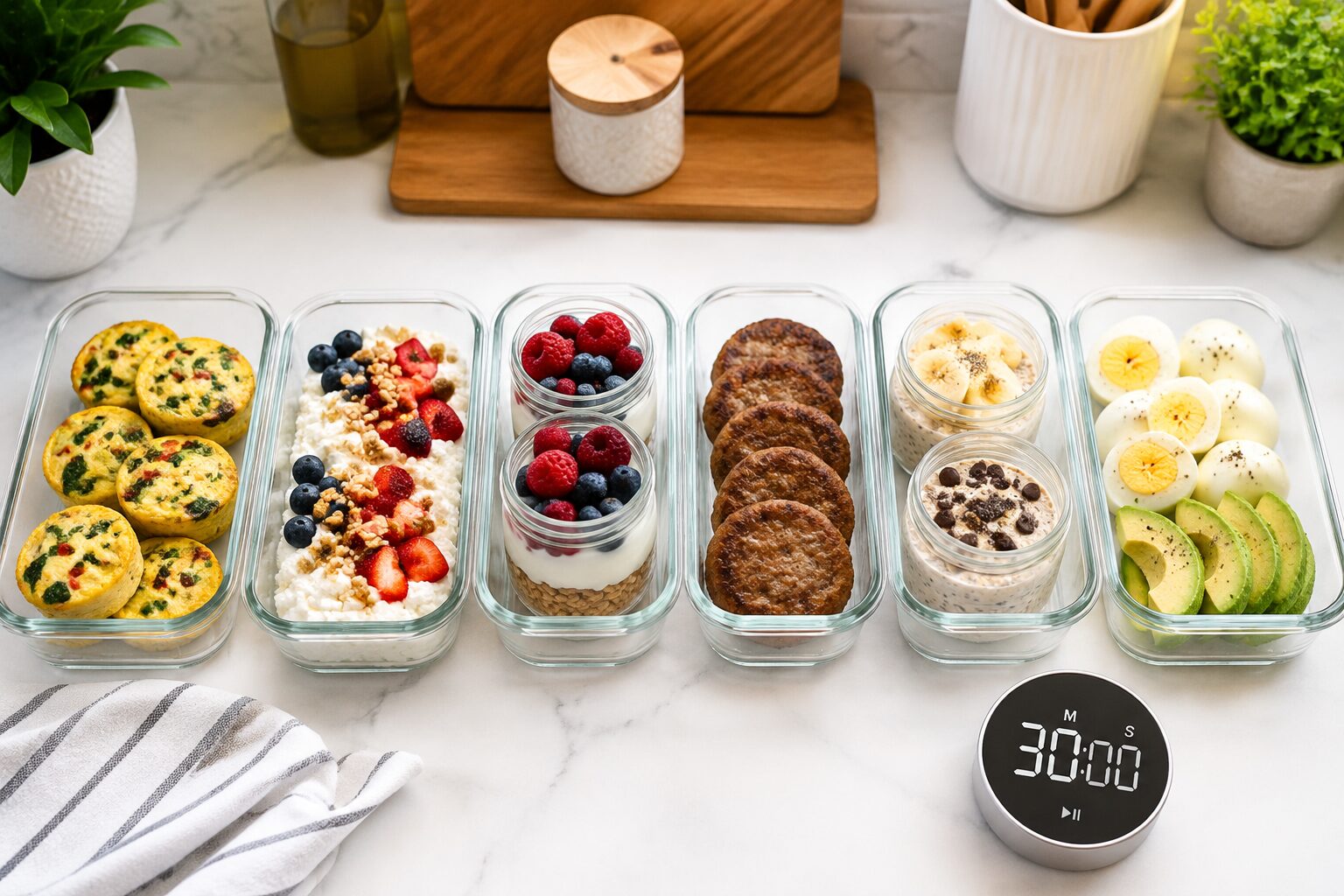 () editorial food photography showing a busy home kitchen counter with six open meal prep containers lined up in a row, each