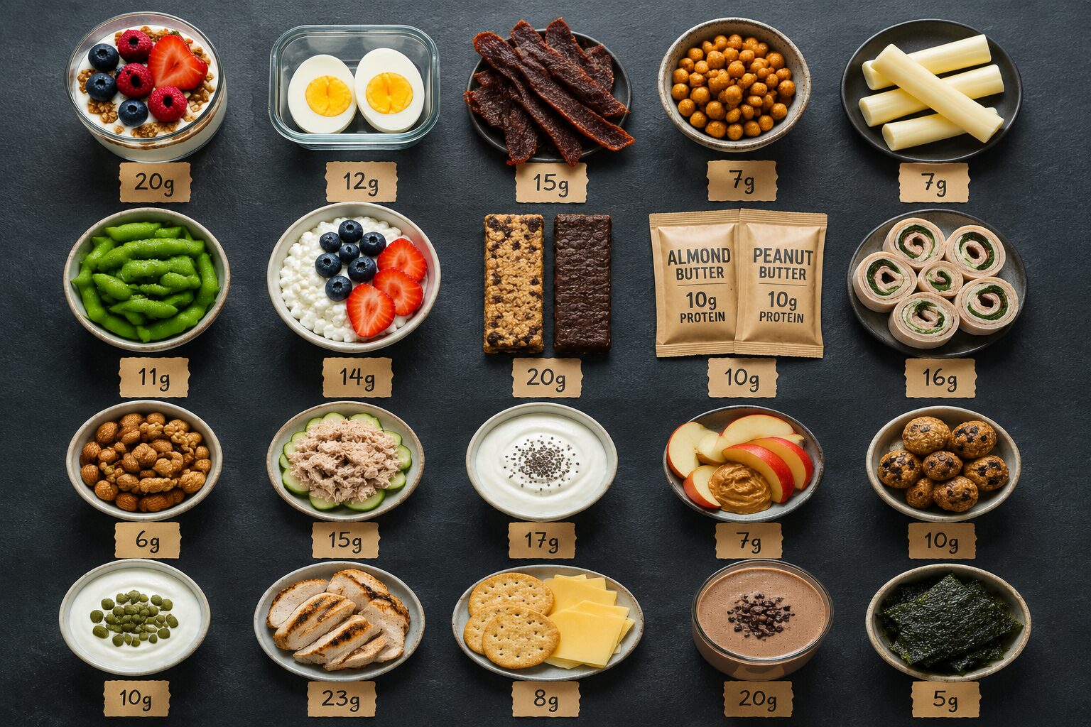 () editorial food photography showing a diverse flat-lay spread of the 20 best high-protein snacks arranged in a grid