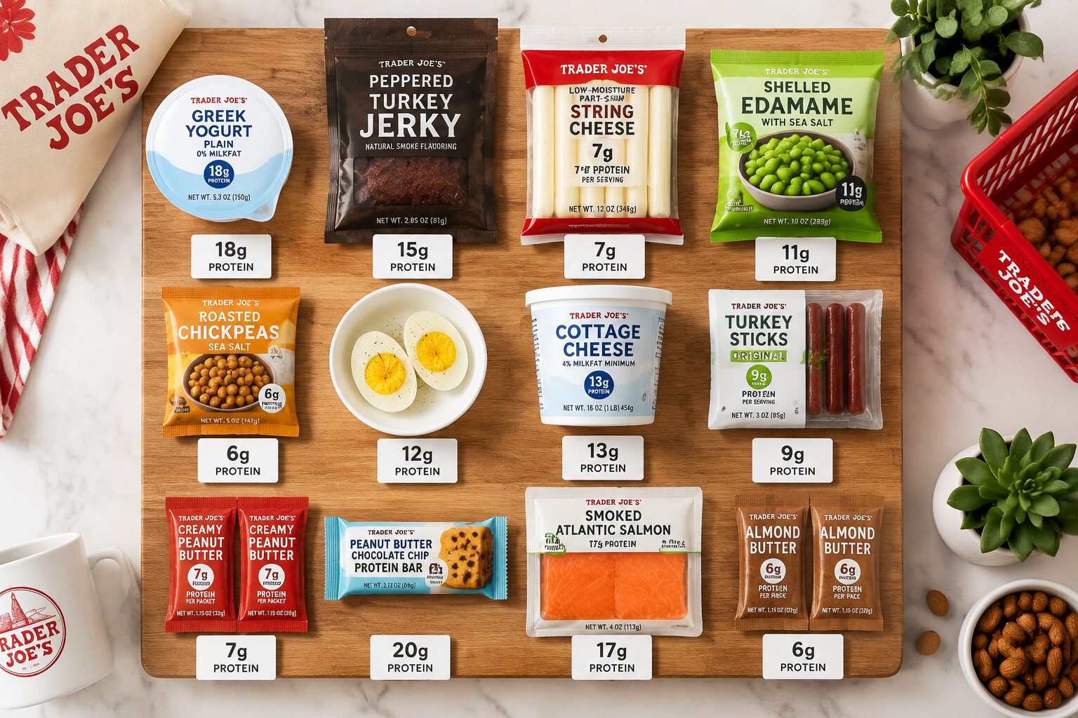() editorial food photography showing a flat lay overhead shot of 12 distinct high-protein Trader Joe's snack products