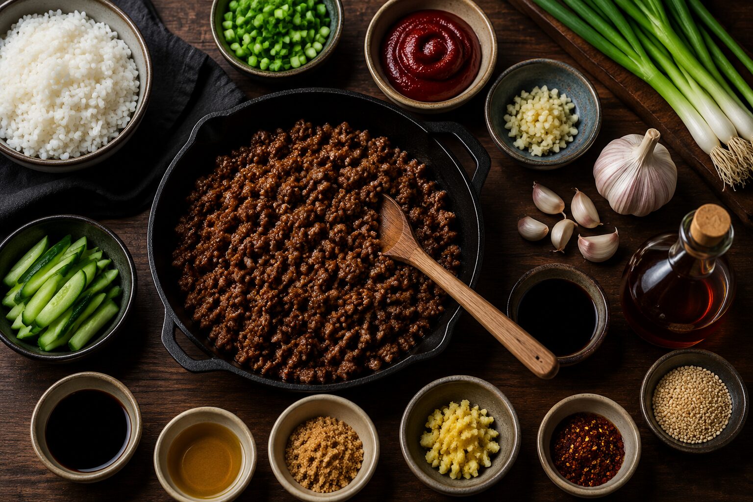() editorial food photography showing a flat-lay overhead shot of ingredients for Korean beef rice bowl meal prep: ground