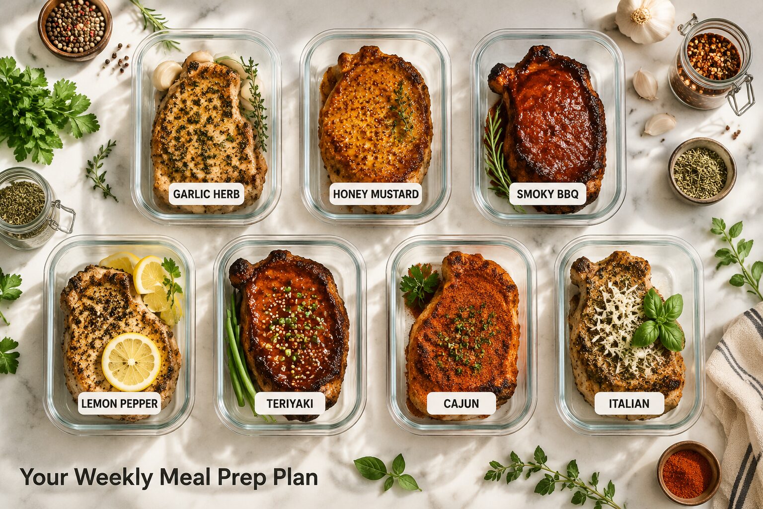 7 Air Fryer Pork Chops Meal Prep Ideas That Stay Juicy 2 () editorial food photography showing a flat-lay overhead shot of seven labeled glass meal prep containers on a white marble