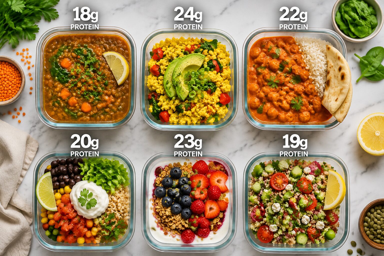 () editorial food photography showing a grid of six glass meal prep containers from a top-down overhead angle, each filled