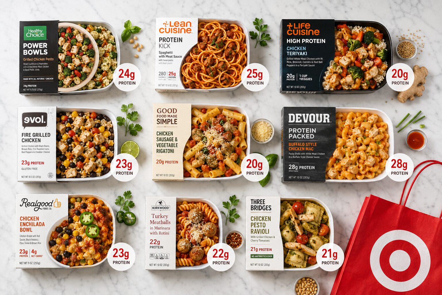 10 Best High-Protein Frozen Meals at Target (Ready in Minutes) 2 () editorial food photography showing a top-down flat-lay of 10 different high-protein frozen meal boxes arranged on a clean