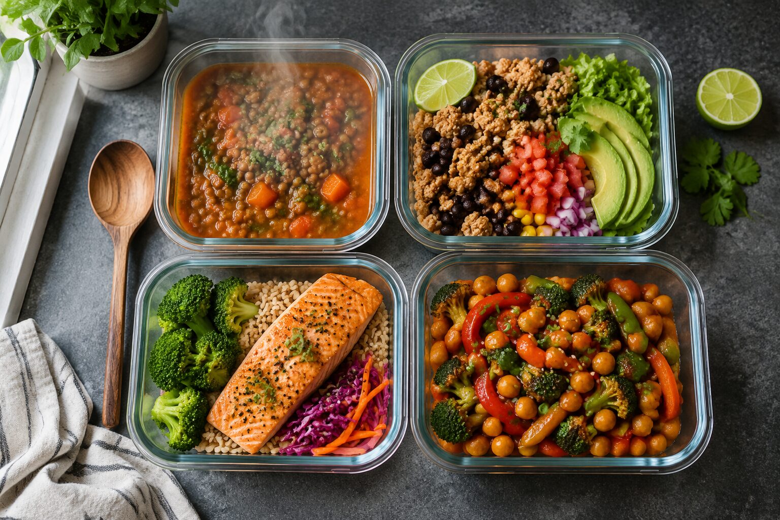 () editorial food photography showing a top-down overhead shot of four open glass meal prep containers on a slate gray