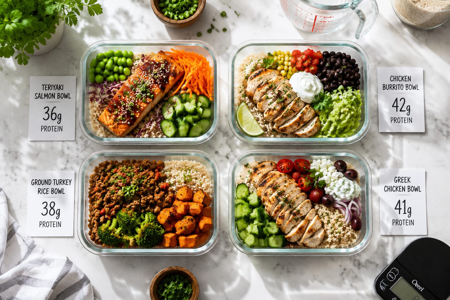 10 High-Protein Meal Prep for Muscle Gain (35g+ Protein Each) 2 () editorial food photography showing a top-down overhead shot of four open meal prep containers on a white marble