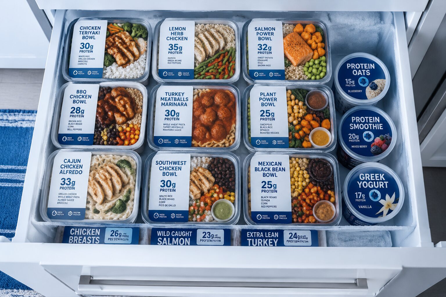 10 Best High-Protein Frozen Meals for Busy Weeks 2 () editorial food photography showing an open freezer drawer packed with neatly organized high-protein frozen meal