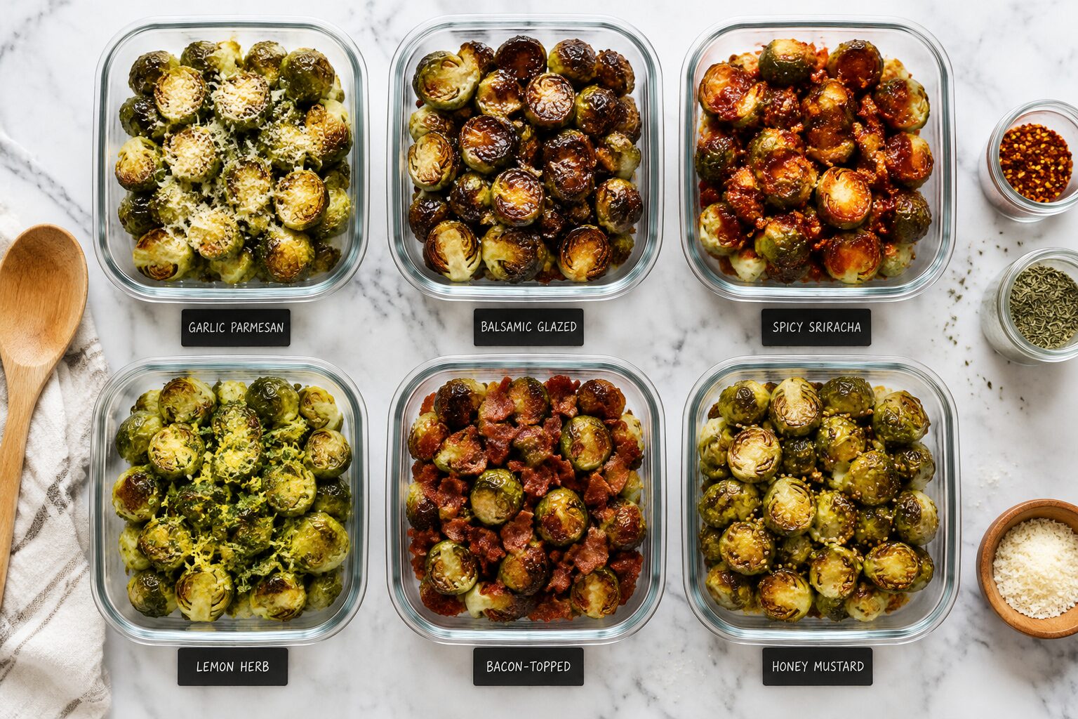 7 Air Fryer Brussels Sprouts Meal Prep Ideas (10 Minutes, Stay Crispy) 2 () editorial food photography showing six labeled glass meal prep containers arranged in a grid on a white marble