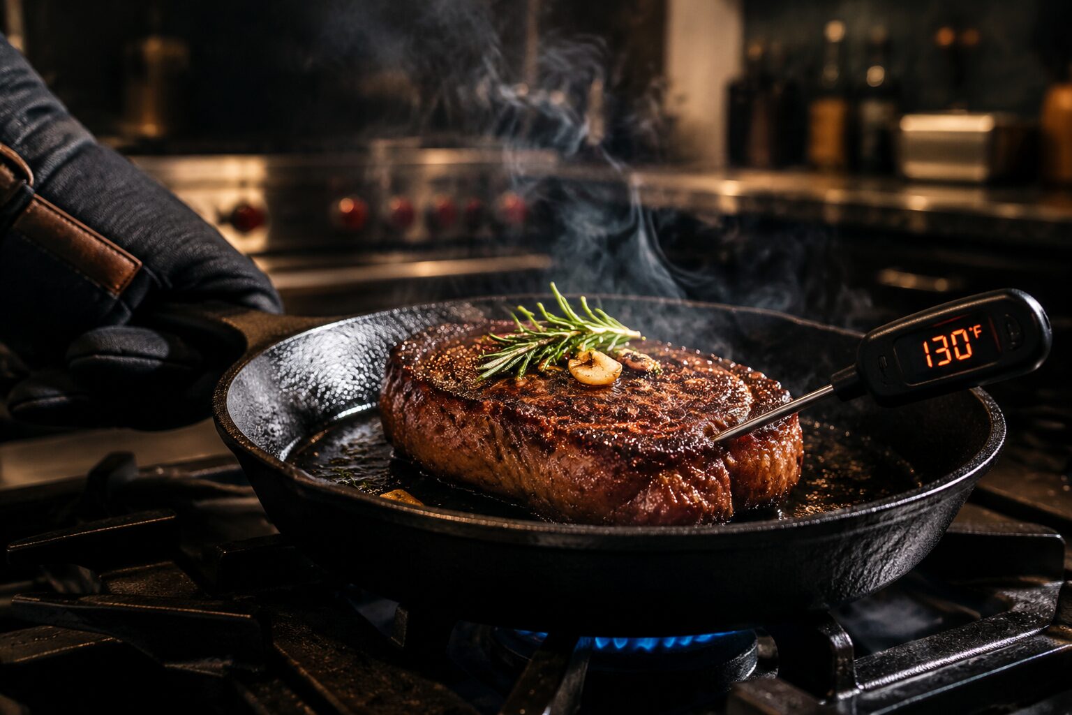 5 Best Cast Iron Skillets for Steak That Sear Like a Steakhouse 3 () editorial image showing a close-up side-angle shot of a cast iron skillet on a gas burner with a thick ribeye steak