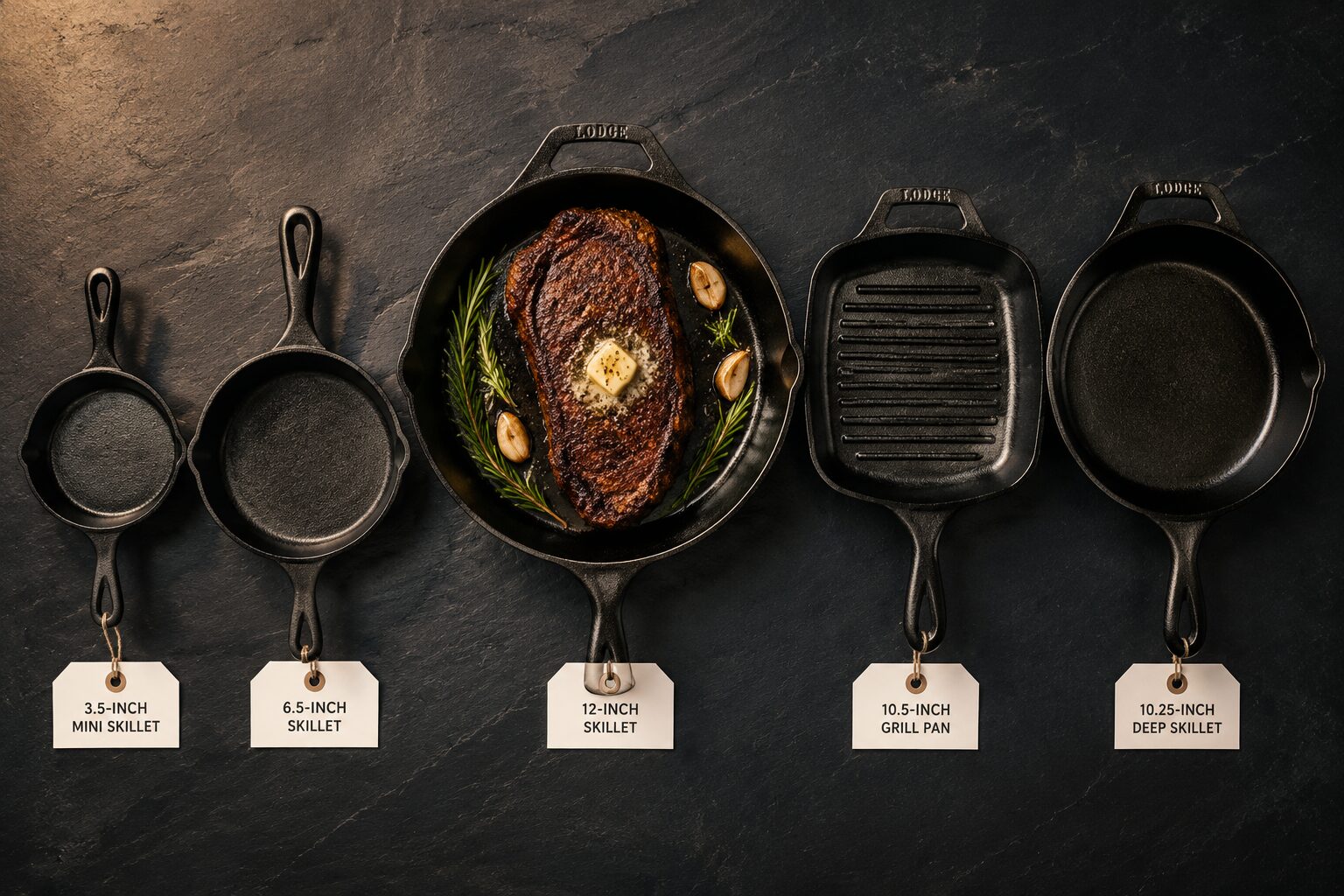 5 Best Cast Iron Skillets for Steak That Sear Like a Steakhouse 2 () editorial image showing a flat-lay overhead shot of five different cast iron skillets arranged side by side on a dark
