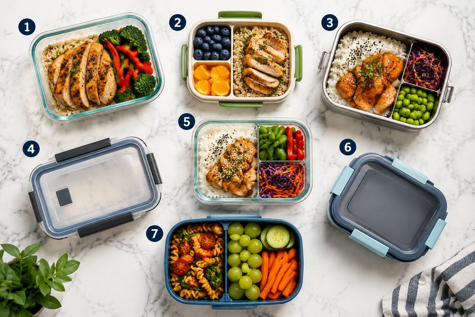 () editorial image showing a flat-lay overhead shot of seven different meal prep containers arranged on a white marble