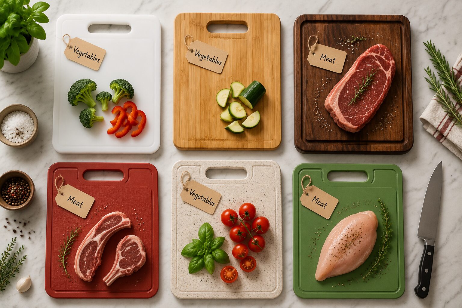 () editorial image showing a flat-lay overhead view of six different cutting boards arranged in a grid pattern on a light