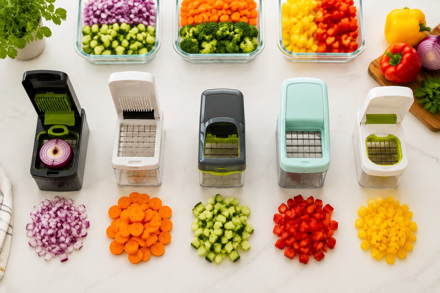 () editorial image showing a top-down flat lay of five different vegetable choppers arranged side by side on a clean white