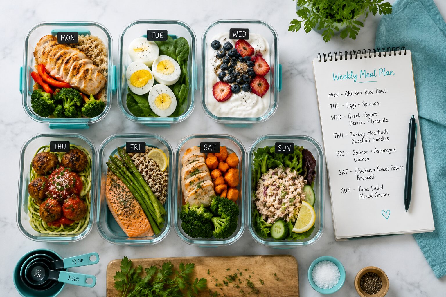() editorial photo showing a flat-lay overhead shot of a weekly meal prep spread for women: seven labeled glass containers
