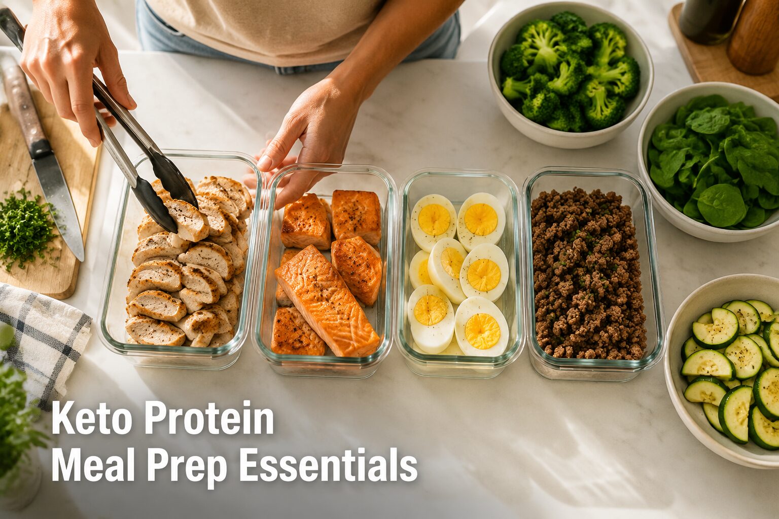 () editorial photo showing a top-down view of a clean white kitchen counter with four open glass meal prep containers being