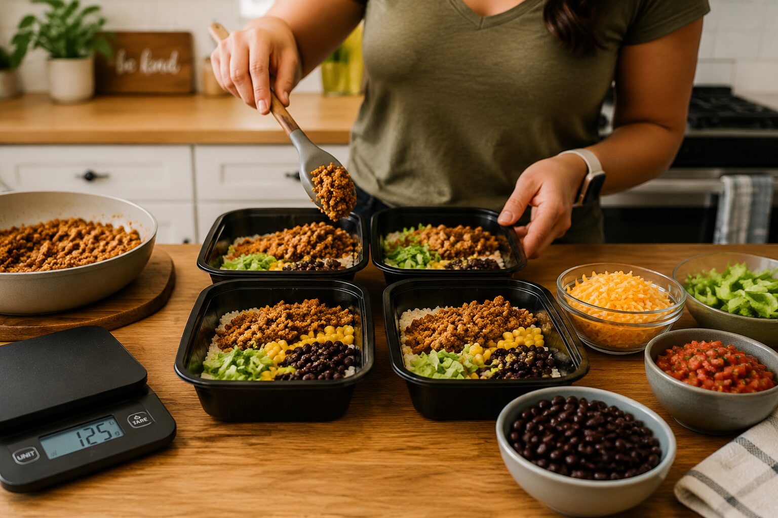 () editorial photo showing a woman's hands portioning cooked ground turkey taco bowls into four black meal prep containers